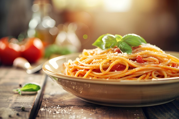 Spaghetti pasta with tomato sauce mozzarella cheese and fresh basil in plate on wooden background
