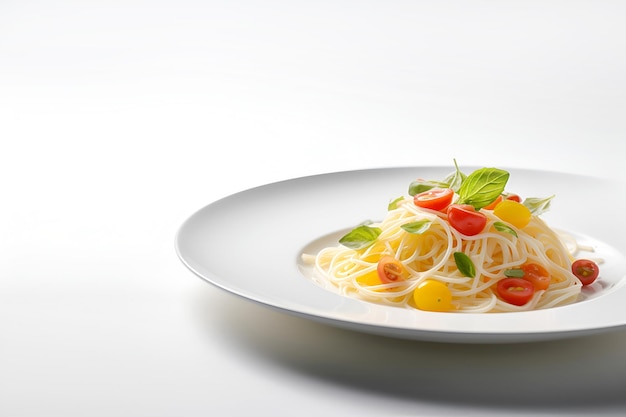 Spaghetti pasta with tomatoes on white plate Italian food Copy space