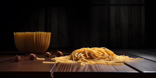 Spaghetti pasta on wooden background