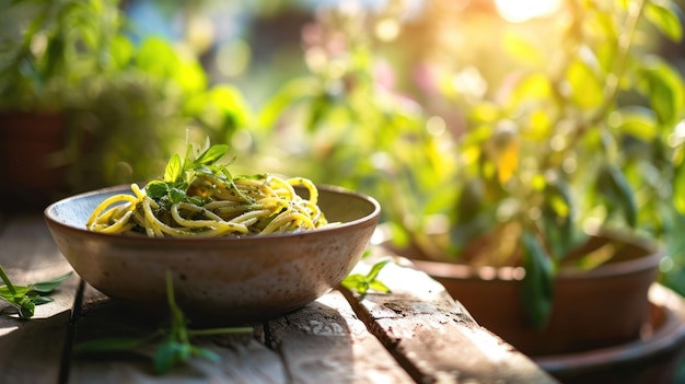 Spaghetti Pesto tegen een zonnelichte tuinscene