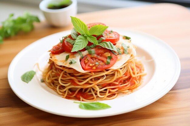 Spaghetti Pizza Served on White Plate