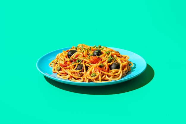 Spaghetti puttanesca bord in fel licht minimalistisch op een groene achtergrond