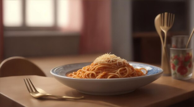 a spaghetti on table in living room close up in 50mm by Generative AI