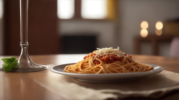 A spaghetti on table in living room in warm color tone Generative AI