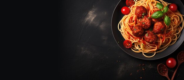 Spaghetti and tomato sauce on a black background