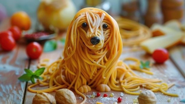 Spaghetti veranderd in hondenkunst speelse voedselcreativiteit