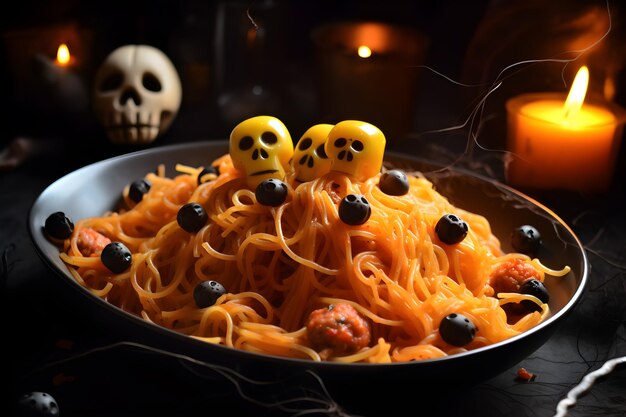 Spaghetti versierd met mini-schedels met een Halloween thema