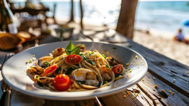 Foto spaghetti vongole contro una terrazza sulla spiaggia