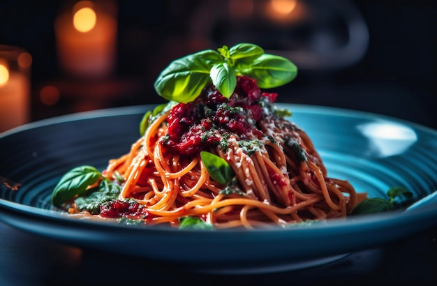 spaghetti in a white dish with a mint leaf on top