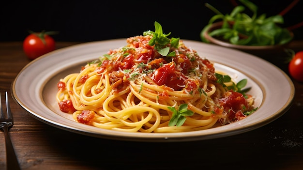 Spaghetti with amatriciana sauce in the dish on the table