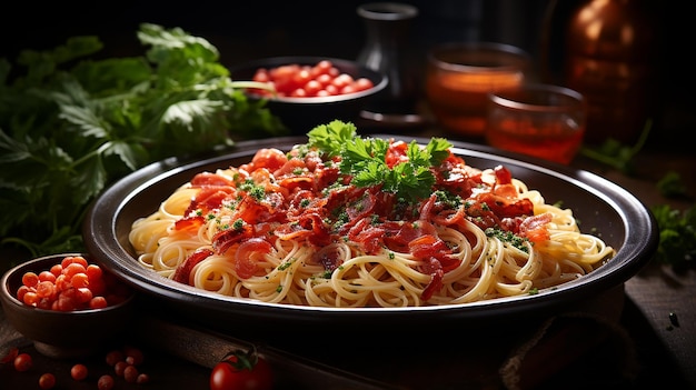 spaghetti with amatriciana sauce dish