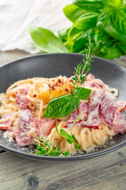 Spaghetti with bacon, parsel and parmesan cheese