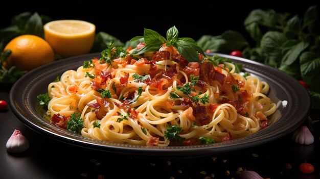 Spaghetti with bacon and parsley on a plate