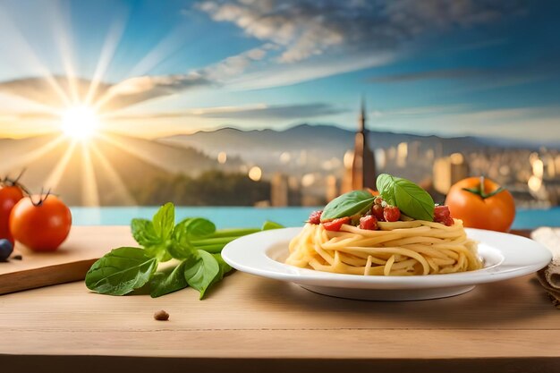 spaghetti with basil on a plate with a cityscape in the background