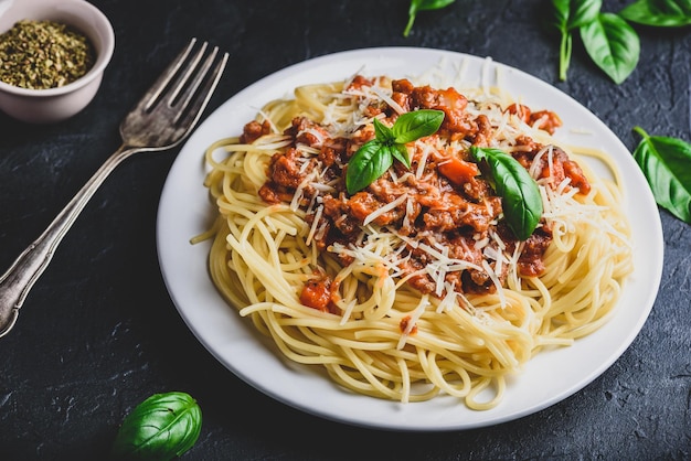 Spaghetti with bolognese sauce and parmesan cheese