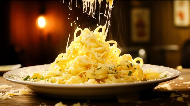 レストランのクローズアップの木のテーブルにチーズの入ったスパゲッティ