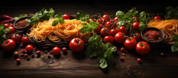 Spaghetti with cherry tomatoes basil and spices on a wooden background