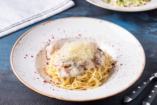 Spaghetti with chicken and mushrooms on a plate 