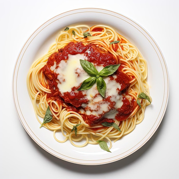 spaghetti with chicken parmigiana on a plate in the style of aerial photography