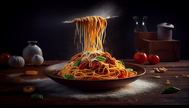 Spaghetti with chicken and tomato sauce on a wooden table in the kitchengenerative ai