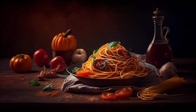 Spaghetti with chicken and tomato sauce on a wooden table in the kitchengenerative ai