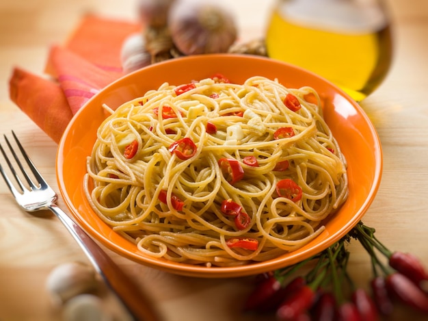 Spaghetti with garlic oil and hot chili pepper selective focus