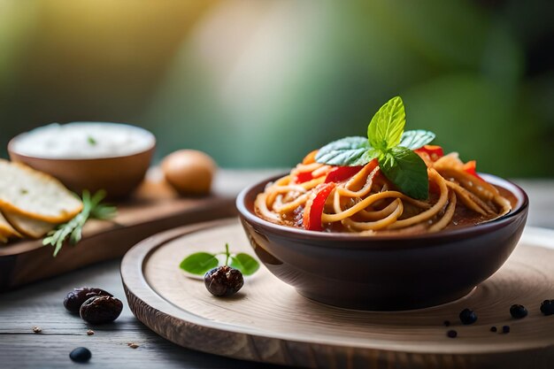 spaghetti with a green leaf on a plate