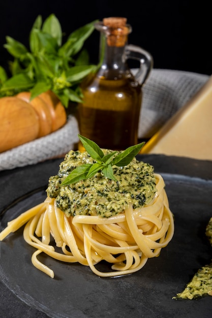 Spaghetti with homemade pesto sauce.