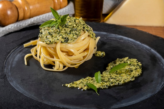 Spaghetti with homemade pesto sauce.