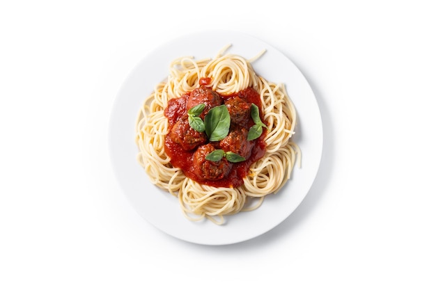spaghetti with meatballs isolated on white background