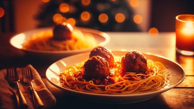 spaghetti with meatballs in a plate on a table