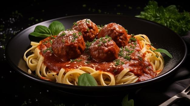 Spaghetti with meatballs tomato sauce and basil on black background