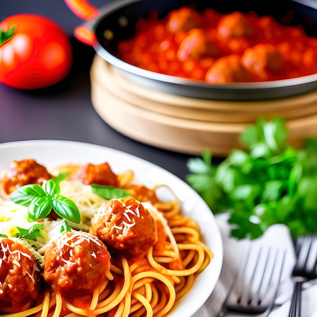 Спагетти с фрикадельками, томатным соусом и базиликом