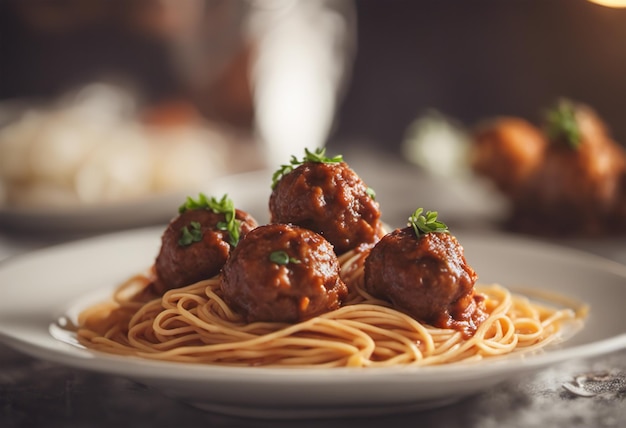 Spaghetti with meatballs and tomato sauce on a dark background