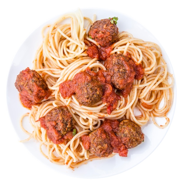 Spaghetti with Meatballs and Tomato Sauce isolated on white