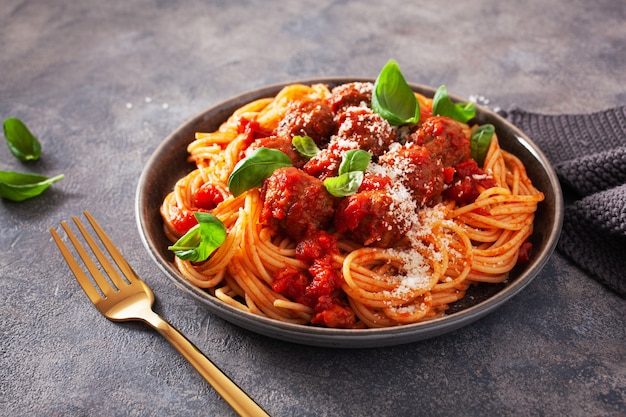 Spaghetti with meatballs and tomato sauce, italian pasta