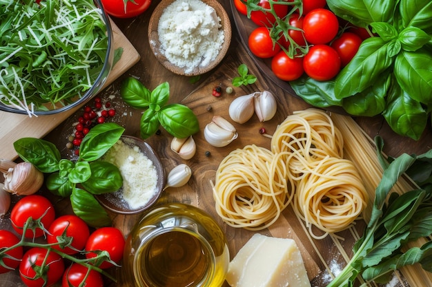 Photo spaghetti with milk mozzarella and tomato sauce traditional pasta fresh basil parsley garlic parmesan