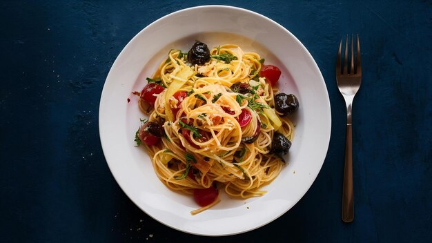 Spaghetti with mixed ingredients in a white plate