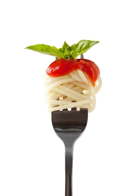 Spaghetti with sauce and parmesan cheese on a fork Isolated on a white background