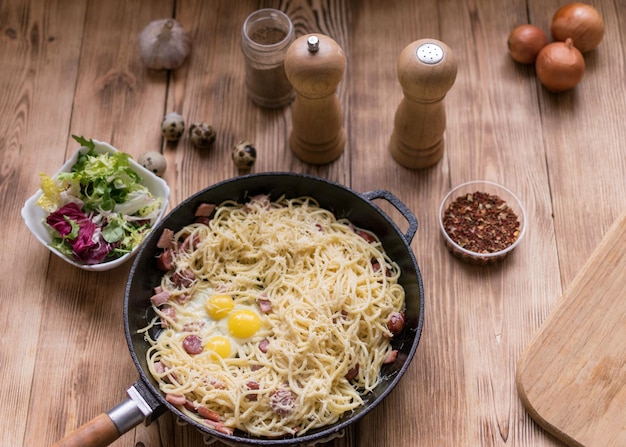 Spaghetti with sausages cheese and quail eggs in a frying pan