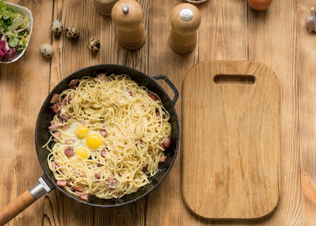 Спагетти с сосисками сыром и перепелиными яйцами на сковороде