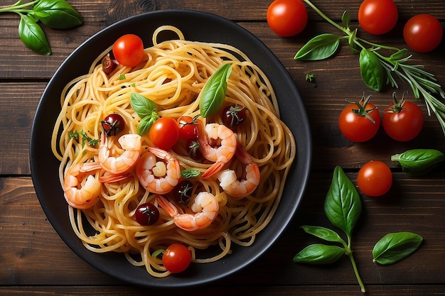 spaghetti with shrimps cherry tomatoes and spices on wooden background