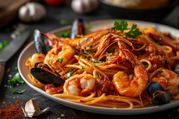 Спагетти с острой смесью морепродуктов на темном фоне