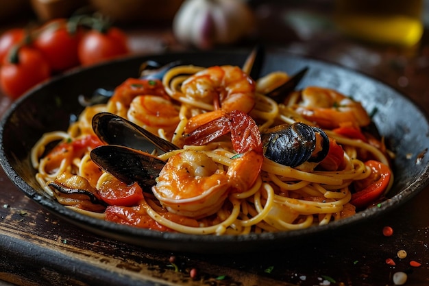 Foto spaghetti con frutti di mare misti piccanti su sfondo scuro