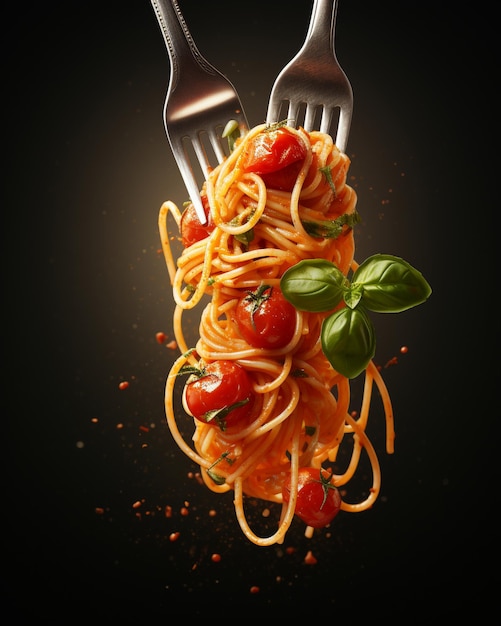 Foto spaghetti con pomodoro e basilico sulla forcella