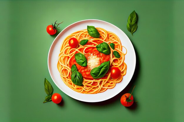 Spaghetti with tomato and basil on green diet food