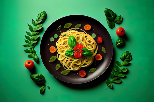 Spaghetti with tomato and basil on green diet food