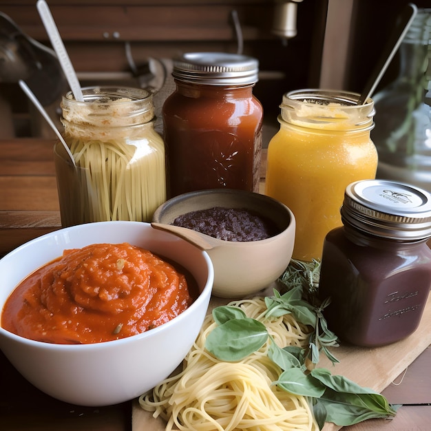 Photo spaghetti with tomato sauce and basil in a jar on wooden table