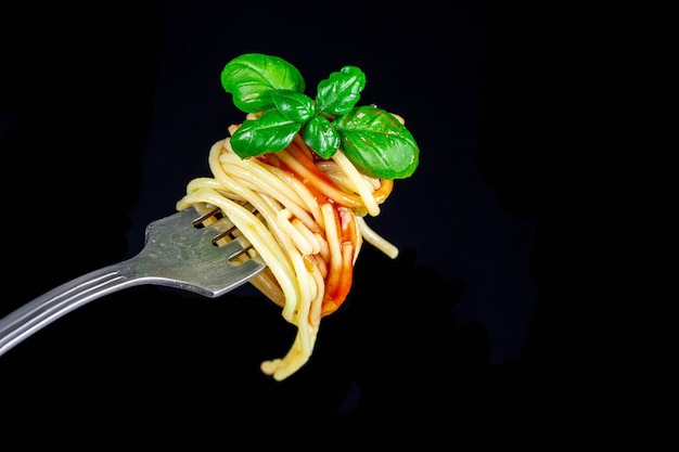 Spaghetti with tomato sauce and basil leaves on a fork closeup