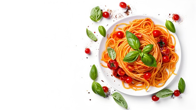 Spaghetti with tomato sauce and cherry tomatoes with basil on a white background Generative AI